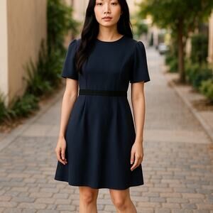 Line Korean Fashion Semi Formal Rayon Short Dress Navy Small